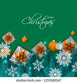 Christmas party invitation template greeting card with gift boxes, pine and fir branches wreath in the snowflake, lights, ball