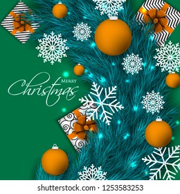 Christmas party invitation template greeting card with gift boxes, pine and fir branches wreath in the snowflake, lights, ball