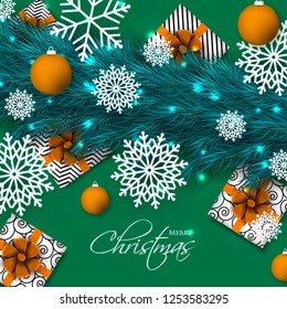 Christmas party invitation template greeting card with gift boxes, pine and fir branches wreath in the snowflake, lights, ball