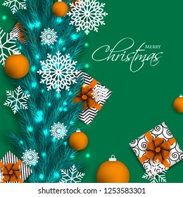 Christmas party invitation template greeting card with gift boxes, pine and fir branches wreath in the snowflake, lights, ball