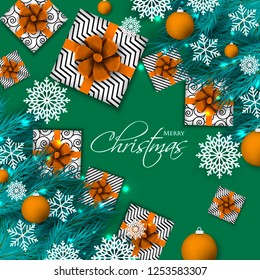 Christmas party invitation template greeting card with gift boxes, pine and fir branches wreath in the snowflake, lights, ball