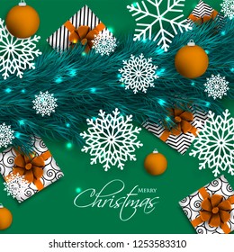 Christmas party invitation template greeting card with gift boxes, pine and fir branches wreath in the snowflake, lights, ball
