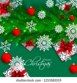 Christmas party invitation template greeting card with gift boxes, pine and fir branches wreath in the snowflake, lights, ball