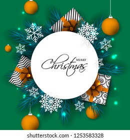 Christmas party invitation template greeting card with gift boxes, pine and fir branches wreath in the snowflake, lights, ball