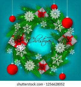 Christmas party invitation template greeting card with gift boxes, pine and fir branches wreath in the snowflake, lights, ball - Vector