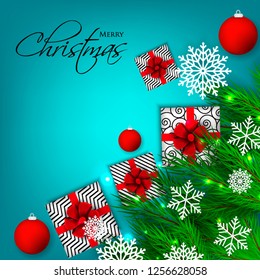 Christmas party invitation template greeting card with gift boxes, pine and fir branches wreath in the snowflake, lights, ball - Vector
