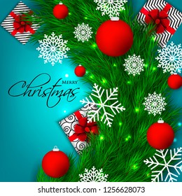 Christmas party invitation template greeting card with gift boxes, pine and fir branches wreath in the snowflake, lights, ball - Vector