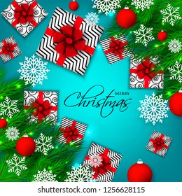 Christmas party invitation template greeting card with gift boxes, pine and fir branches wreath in the snowflake, lights, ball - Vector