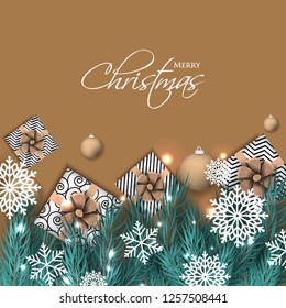 Christmas party invitation template greeting card with gift boxes, pine and fir branches wreath in the snowflake, lights, ball - Vector