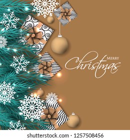 Christmas party invitation template greeting card with gift boxes, pine and fir branches wreath in the snowflake, lights, ball - Vector