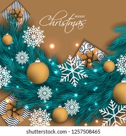 Christmas party invitation template greeting card with gift boxes, pine and fir branches wreath in the snowflake, lights, ball - Vector