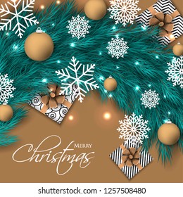 Christmas party invitation template greeting card with gift boxes, pine and fir branches wreath in the snowflake, lights, ball - Vector