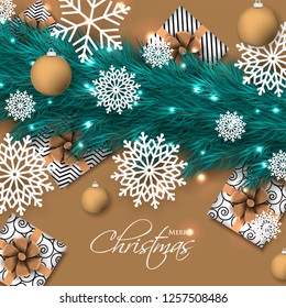 Christmas party invitation template greeting card with gift boxes, pine and fir branches wreath in the snowflake, lights, ball - Vector
