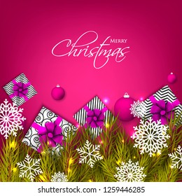 Christmas party invitation template greeting card with gift boxes, pine and fir branches wreath in the snowflake, lights, ball