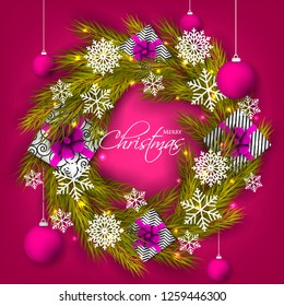 Christmas party invitation template greeting card with gift boxes, pine and fir branches wreath in the snowflake, lights, ball