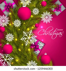 Christmas party invitation template greeting card with gift boxes, pine and fir branches wreath in the snowflake, lights, ball