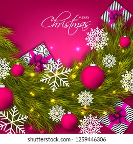Christmas party invitation template greeting card with gift boxes, pine and fir branches wreath in the snowflake, lights, ball