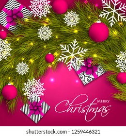 Christmas party invitation template greeting card with gift boxes, pine and fir branches wreath in the snowflake, lights, ball