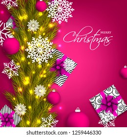Christmas party invitation template greeting card with gift boxes, pine and fir branches wreath in the snowflake, lights, ball