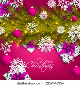 Christmas party invitation template greeting card with gift boxes, pine and fir branches wreath in the snowflake, lights, ball