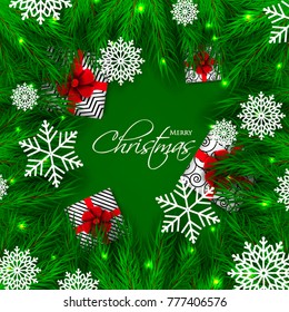 Christmas party invitation template greeting card with gift boxes, pine and fir branches wreath in the snowflake, lights