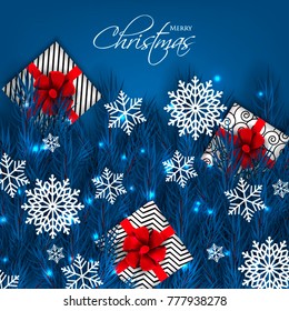 Christmas party invitation template greeting card with gift boxes, pine blue fir tree branches wreath in the snowflake, lights