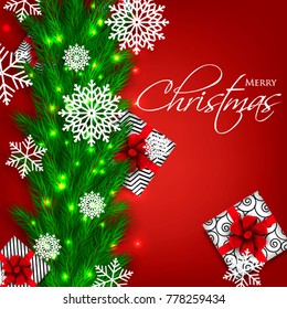 Christmas party invitation template greeting card with gift boxes, pine and fir branches wreath in the snowflake, lights