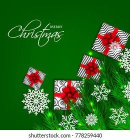 Christmas party invitation template greeting card with gift boxes, pine and fir branches wreath in the snowflake, lights