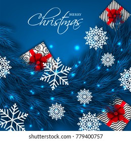 Christmas party invitation template greeting card with gift boxes, pine blue fir tree branches wreath in the snowflake, lights