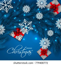 Christmas party invitation template greeting card with gift boxes, pine blue fir tree branches wreath in the snowflake, lights