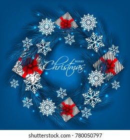 Christmas party invitation template greeting card with gift boxes, pine blue fir tree branches wreath in the snowflake, lights