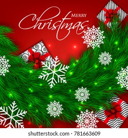 Christmas party invitation template greeting card with gift boxes, pine and fir branches wreath in the snowflake, lights