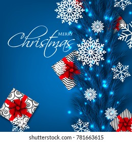 Christmas party invitation template greeting card with gift boxes, pine blue fir tree branches wreath in the snowflake, lights