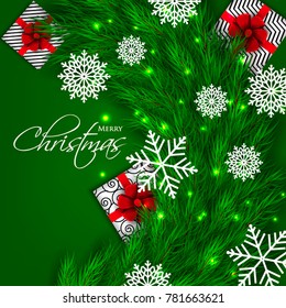 Christmas party invitation template greeting card with gift boxes, pine and fir branches wreath in the snowflake, lights