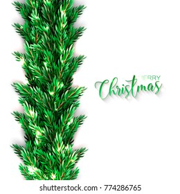 Christmas party invitation template with Needle fir wteath tree, pine, conifer. Realistic 3d vector illustrations. Winter holiday card