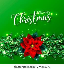 Christmas party invitation template with Needle fir wteath tree, pine, conifer, ponsettia. Realistic 3d vector illustrations. Winter holiday card