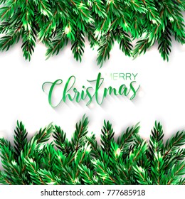 Christmas party invitation template with Needle fir wteath tree, pine, conifer. Realistic 3d vector illustrations. Winter holiday card