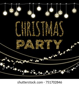 Christmas party invitation template. New year celebration. Garlands and baubles decoration. Black background and golden glitter.