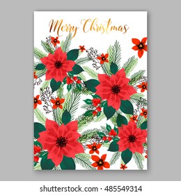 Christmas party invitation template with poinsettia flowers