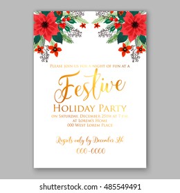 Christmas party invitation template with poinsettia flowers