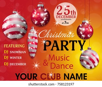 Christmas party invitation template red and yellow background with red baubles. Vector illustration.