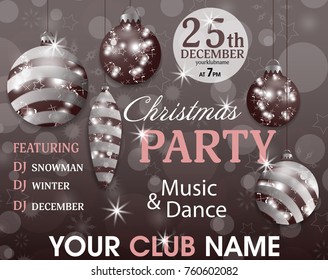 Christmas party invitation template retro background with baubles. Vector illustration.