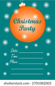 Plantilla de invitación de fiesta de Navidad con una bola de árbol de Navidad, copos de nieve y espacio para texto