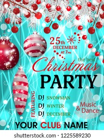 Christmas party invitation template. Turquoise background with fir white branches, beads and holly berry and red baubles. Vector illustration.