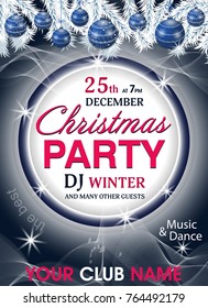 Christmas party invitation template with white fir branches and blue Christmas balls elegant background. Vector illustration.
