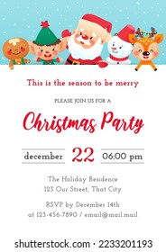 Christmas Party invitation template. Winter holiday illustration with a gingerbread man, an elf, a Santa Claus, a snowman and a little deer on a background of a snowfall. Vector 10 EPS.