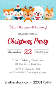 Christmas Party invitation template. Winter holiday illustration with a fox, a penguin, a little deer, a polar bear and a squirrel on a background of a snowfall. Vector 10 EPS.