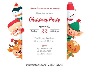 Christmas Party invitation template. Winter holiday illustration with a Santa Claus, a little deer, a penguin, an elf, a snowman and a gingerbread man holding a poster. Vector 10 EPS.