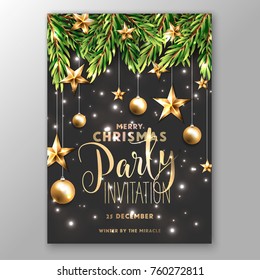 Christmas Party Invitation template with wreath of fir tree branches golden stars and balls