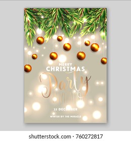 Christmas Party Invitation template with wreath of fir tree branches golden stars and balls